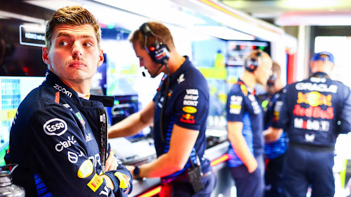 MONZA, ITALY - SEPTEMBER 01: Max Verstappen of the Netherlands and Oracle Red Bull Racing looks on in the garage prior to the F1 Grand Prix of Italy at Autodromo Nazionale Monza on September 01, 2024 in Monza, Italy. (Photo by Mark Thompson/Getty Images)