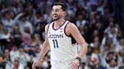 Nov 10, 2025; Storrs, Connecticut, USA; UConn Huskies forward Alex Karaban (11) reacts after his basket against the Columbia Lions in the first half at Harry A. Gampel Pavilion. Mandatory Credit: David Butler II-Imagn Images