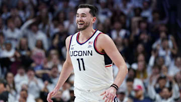 Nov 10, 2025; Storrs, Connecticut, USA; UConn Huskies forward Alex Karaban (11) reacts after his basket against the Columbia Lions in the first half at Harry A. Gampel Pavilion. Mandatory Credit: David Butler II-Imagn Images
