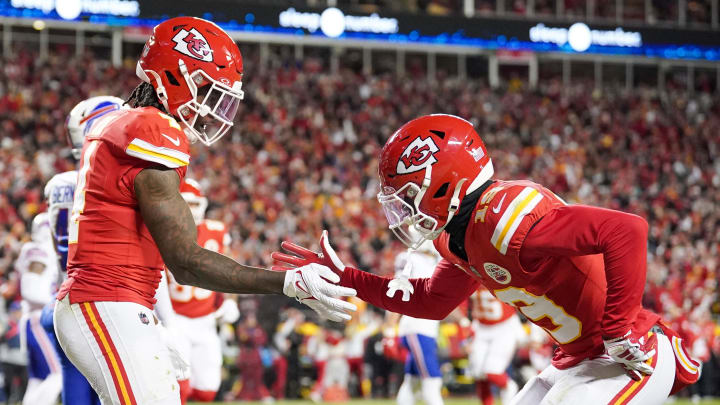 Dec 10, 2023; Kansas City, Missouri, USA; Kansas City Chiefs wide receiver Rashee Rice (4) celebrates with wide receiver Kadarius Toney (19) after scoring against the Buffalo Bills during the first half at GEHA Field at Arrowhead Stadium. Mandatory Credit: Denny Medley-USA TODAY Sports