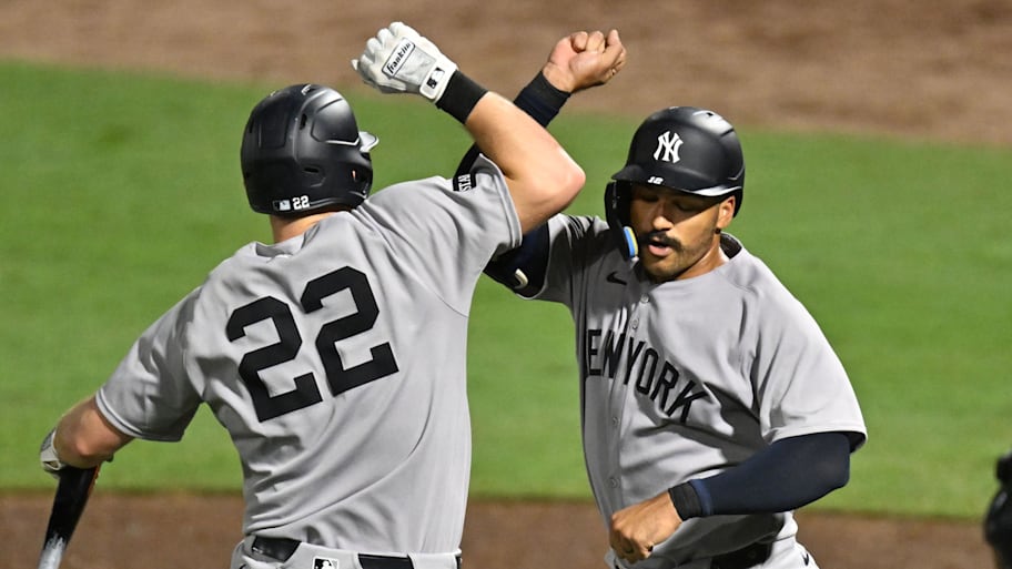 Yankees center fielder Trent Grisham celebrates with first baseman Ben Rice after hitting a solo homer in the eighth inning Wednesday night.  | Jonathan Dyer-Imagn Images