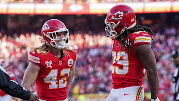 Kansas City Chiefs running back Kareem Hunt celebrates with Carson Steele after a play against the Houston Texans