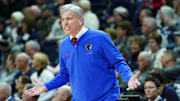 Doug Bruno gestures during DePaul's game against UConn in 2024.
