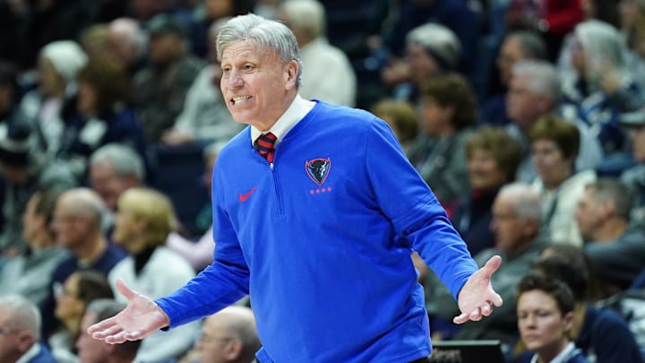 Doug Bruno gestures during DePaul's game against UConn in 2024.