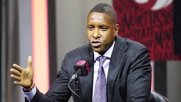 Sep 30, 2024; Toronto, Ontario, Canada; Toronto Raptors vice chairman and team president Masai Ujiri  talks to the media during media day at Scotiabank Area. Mandatory Credit: John E. Sokolowski-Imagn Images