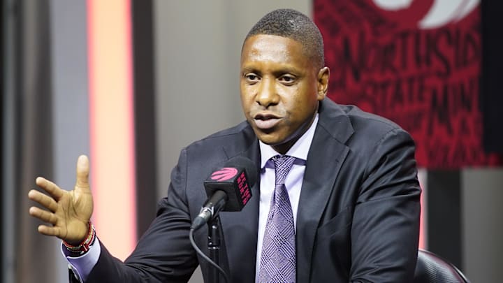 Sep 30, 2024; Toronto, Ontario, Canada; Toronto Raptors vice chairman and team president Masai Ujiri  talks to the media during media day at Scotiabank Area. Mandatory Credit: John E. Sokolowski-Imagn Images