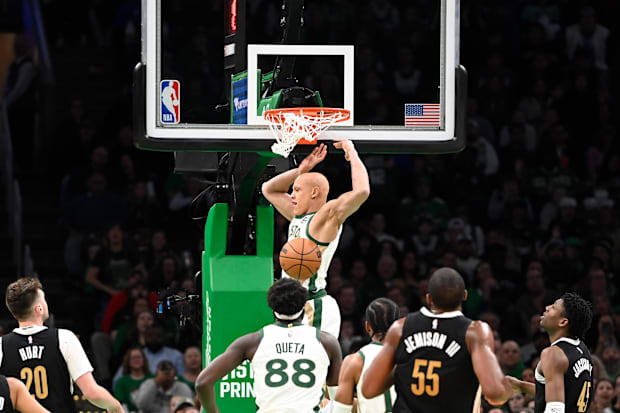 Boston Celtics guard Jordan Walsh (27) registers his first career NBA basket during a game against the Memphis Grizzlies.