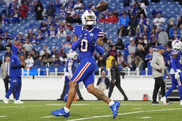 Buffalo Bills wide receiver Keon Coleman warms up prior to the game against the Baltimore Ravens at Highmark Stadium.