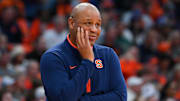 Jan 25, 2025; Syracuse, New York, USA; Syracuse Orange head coach Adrian Autry looks on against the Pittsburgh Panthers during the second half at the JMA Wireless Dome. Mandatory Credit: Rich Barnes-Imagn Images