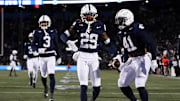 Penn State Nittany Lions cornerback Audavion Collins (29) celebrates after intercepting the ball