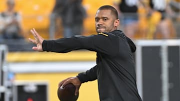 Aug 17, 2024; Pittsburgh, Pennsylvania, USA; Pittsburgh Steelers quarterback Russell Wilson (3) warms up for a game against the Buffalo Bills at Acrisure Stadium. Mandatory Credit: Barry Reeger-Imagn Images