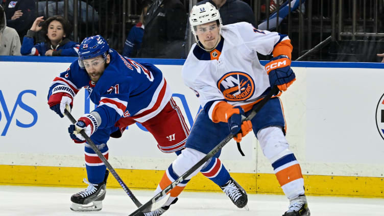 Apr 13, 2024; New York, New York, USA;  New York Islanders center Mathew Barzal (13) controls the