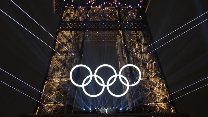 Jul 26, 2024: Olympic rings on the Eiffel Tower during the Opening Ceremony for the Paris 2024 Olympic Summer Games along the Seine River.