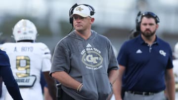 Aug 24, 2024; Dublin, IRL; Georgia Tech head coach Brent Key looks on against Florida State at Aviva Stadium. Mandatory Credit: Tom Maher/INPHO via USA TODAY Sports