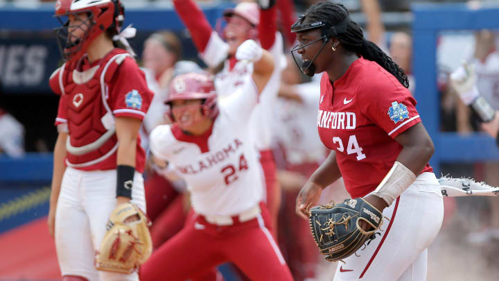 Stanford's NiJaree Canady (24) walks back the pitching circle after Oklahoma scored two runs in the ninth inning during a softball game between the Oklahoma Sooners and Stanford in the Women's College World Series at USA Softball Hall of Fame Stadium in  in Oklahoma City, Monday, June, 5, 2023.