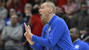 Nov 11, 2025; Louisville, Kentucky, USA;  Kentucky Wildcats head coach Mark Pope calls out instructions during the second half against the Louisville Cardinals at KFC Yum! Center. Louisville defeated Kentucky 96-88. Mandatory Credit: Jamie Rhodes-Imagn Images