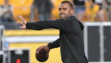 Aug 17, 2024; Pittsburgh, Pennsylvania, USA; Pittsburgh Steelers quarterback Russell Wilson (3) warms up for a game against the Buffalo Bills at Acrisure Stadium. Mandatory Credit: Barry Reeger-Imagn Images