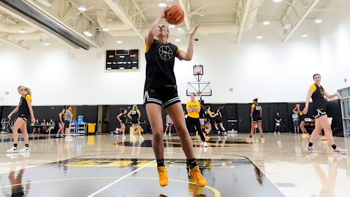 Iowa’s Addie Deal grabs a rebound during practice June 26, 2025 at Carver-Hawkeye Arena in Iowa City, Iowa.