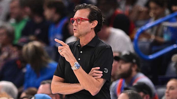 Atlanta Hawks head coach Quin Snyder reacts against the Oklahoma City Thunder.