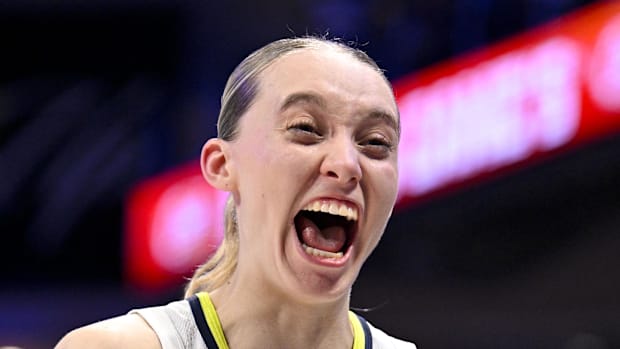 Dallas Wings guard Paige Bueckers celebrates after the game against the Phoenix Mercury.