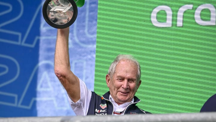 Oct 23, 2022; Austin, Texas, USA; Helmut Marko of Red Bull Racing Team holds up the World Constructors' Champions trophy after the running of the U.S. Grand Prix F1 race at Circuit of the Americas. Mandatory Credit: Jerome Miron-USA TODAY Sports