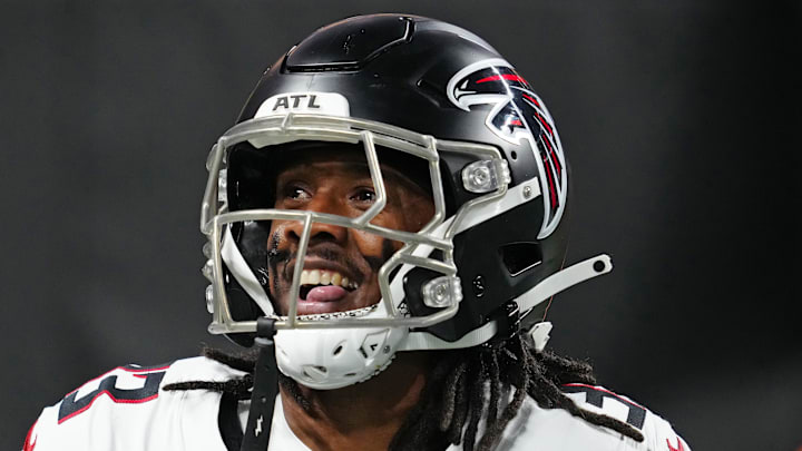 Dec 16, 2024; Paradise, Nevada, USA; Atlanta Falcons cornerback Antonio Hamilton Sr. (33) celebrates after making a play against the Las Vegas Raders during the second quarter at Allegiant Stadium. Mandatory Credit: Stephen R. Sylvanie-Imagn Images