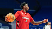 Louisville Cardinals guard Kobe Rodgers (11) makes a pass during practice before the first round of the 2025 NCAA men's basketball tournament In Lexington, Kentucky Wednesday, March 19, 2025.