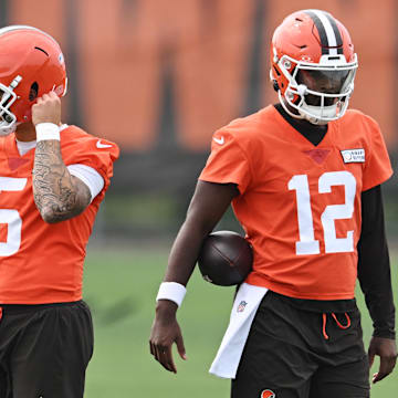 Jun 12, 2025; Berea, OH, USA; Cleveland Browns quarterback Dillon Gabriel (5) and quarterback Shedeur Sanders (12) during mini camp at CrossCountry Mortgage Campus. Mandatory Credit: Ken Blaze-Imagn Images