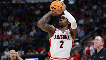 Mar 21, 2024; Salt Lake City, UT, USA; Arizona Wildcats guard Caleb Love (2) shoots the ball during the first half against Arizona Wildcats in the first round of the 2024 NCAA Tournament at Vivint Smart Home Arena-Delta Center. Mandatory Credit: Rob Gray-Imagn Images