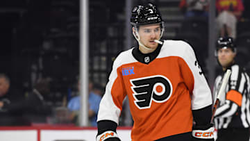 Sep 26, 2024; Philadelphia, Pennsylvania, USA; Philadelphia Flyers defenseman Helge Grans (3) during the third period against the New York Islanders at Wells Fargo Center.