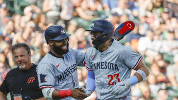 Minnesota Twins designated hitter Royce Lewis (23) celebrates with teammate Manuel Margot (13) after hitting a home run in the first inning against the Detroit Tigers at Comerica Park on July 27.