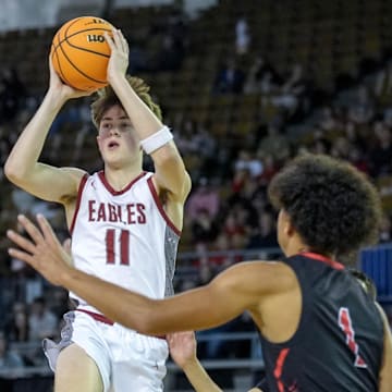 Weatherford jumps to pass during the semifinals of the OSSAA 4A high school boys basketball tournament between Weatherford and North Rock Creek at State Fair Arena in Oklahoma City, on Friday, March 14, 2025.