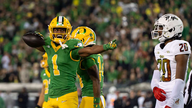 Oregon wide receiver Traeshon Holden celebrates a pass reception as the Oregon Ducks host the Maryland Terrapins