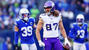 Nov 30, 2025; Seattle, Washington, USA; Minnesota Vikings tight end T.J. Hockenson (87) makes a catch during the second half against the Seattle Seahawks at Lumen Field. Mandatory Credit: Kevin Ng-Imagn Images