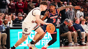 Nov 18, 2025; Columbia, South Carolina, USA; South Carolina Gamecocks guard Eli Ellis (15) drives around Radford Highlanders guard Jaylon Johnson (3) in the second half at Colonial Life Arena. Mandatory Credit: Jeff Blake-Imagn Images