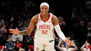 Ohio State Buckeyes forward Cotie McMahon (32) celebrates during the first round of the NCAA Women's Basketball Tournament against the Montana State Bobcats at Value City Arena in Columbus on March 22, 2025.