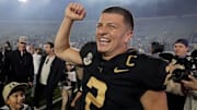 Vanderbilt quarterback Diego Pavia (2) celebrates after the team’s win against Kentucky at FirstBank Stadium in Nashville, Tenn., Saturday, Nov. 22, 2025.