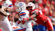 Nebraska linebacker Marques Watson-Trent sacks Houston Christian quarterback Jake Weir.