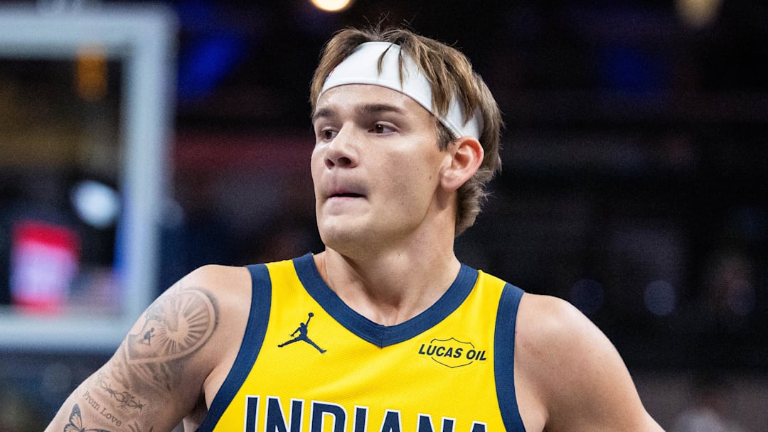 Oct 31, 2025; Indianapolis, Indiana, USA; Indiana Pacers guard Mac McClung (3) in the first half against the Atlanta Hawks at Gainbridge Fieldhouse. Mandatory Credit: Trevor Ruszkowski-Imagn Images