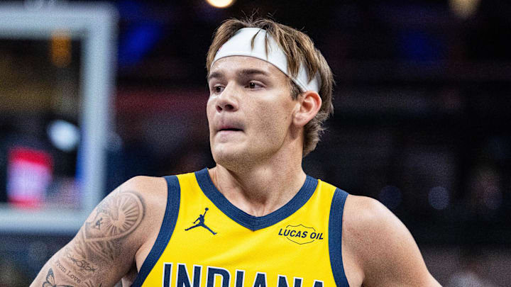 Oct 31, 2025; Indianapolis, Indiana, USA; Indiana Pacers guard Mac McClung (3) in the first half against the Atlanta Hawks at Gainbridge Fieldhouse. Mandatory Credit: Trevor Ruszkowski-Imagn Images