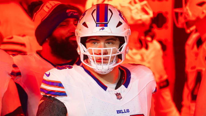 Jan 26, 2025; Kansas City, MO, USA; Buffalo Bills guard Connor McGovern (66) against the Kansas City Chiefs during the AFC Championship game at GEHA Field at Arrowhead Stadium. Mandatory Credit: Mark J. Rebilas-Imagn Images