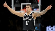 Dec 1, 2025; Brooklyn, New York, USA; Brooklyn Nets forward Michael Porter Jr. (17) reacts during the third quarter against the Charlotte Hornets at Barclays Center. Mandatory Credit: Brad Penner-Imagn Images