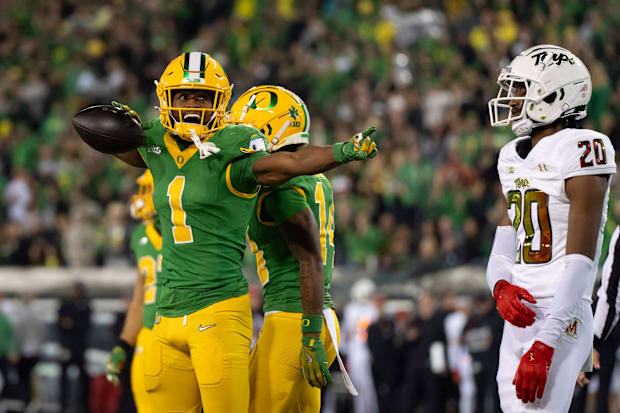 Oregon wide receiver Traeshon Holden celebrates a pass reception as the Oregon Ducks host the Maryland Terrapins.