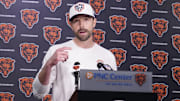 May 10, 2025; Lake Forest, IL, USA; Chicago Bears offensive coordinator Declan Doyle answers questions after rookie minicamp at Halas Hall. Mandatory Credit: David Banks-Imagn Images