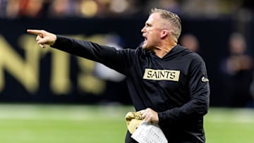 Nov 17, 2024; New Orleans, Louisiana, USA;  New Orleans Saints interim head coach Darren Rizzi reacts to a play against the Cleveland Browns during the first half at Caesars Superdome. Mandatory Credit: Stephen Lew-Imagn Images