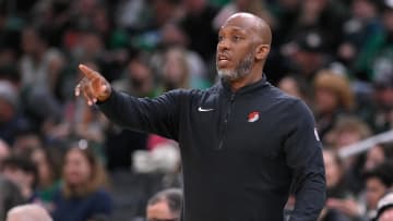 Apr 7, 2024; Boston, Massachusetts, USA; Portland Trail Blazers head coach Chauncey Billups  reacts to game action against the Boston Celtics during the first half at TD Garden. Mandatory Credit: Eric Canha-USA TODAY Sports