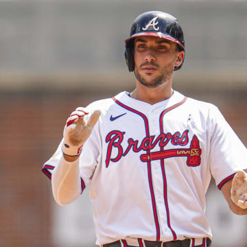 Atlanta Braves first baseman Matt Olson (28) reacts after hitting a double against the Tampa Bay Rays during the eighth inning at Truist Park on June 16.