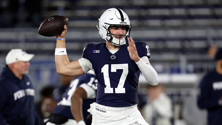 Nov 22, 2025; University Park, Pennsylvania, USA; Penn State Nittany Lions quarterback Ethan Grunkemeyer (17) throws a pass during a warm up prior to the game against the Nebraska Cornhuskers at Beaver Stadium. Mandatory Credit: Matthew O'Haren-Imagn Images