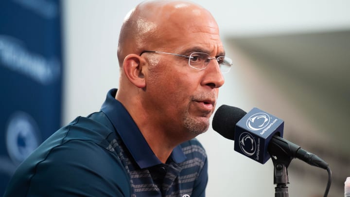 Penn State football coach James Franklin answers a reporter's question during a press conference at Media Day in Beaver Stadium.