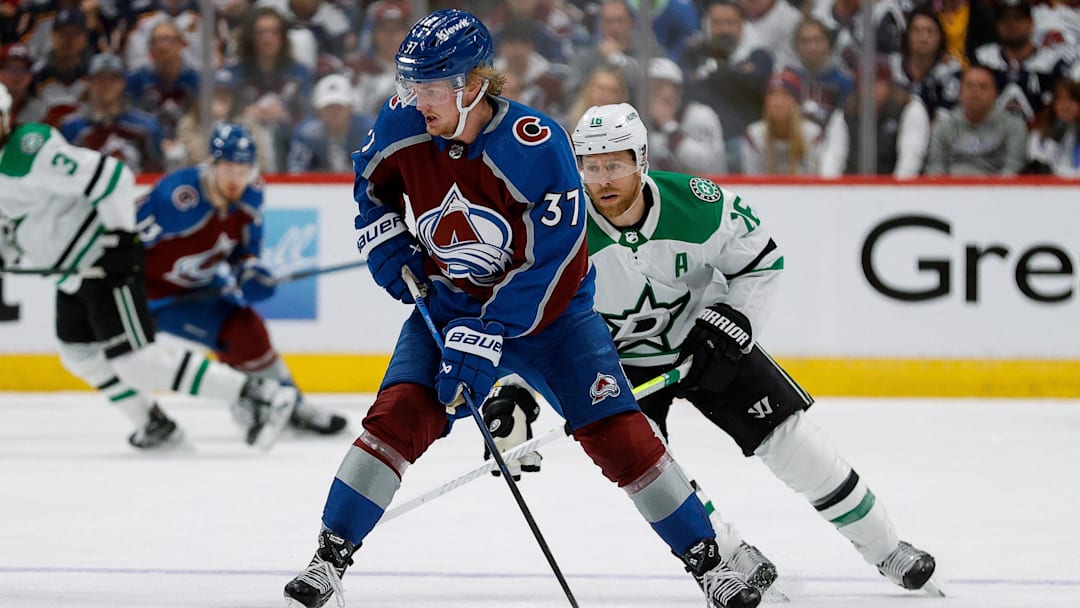 May 11, 2024; Denver, Colorado, USA; Colorado Avalanche center Casey Mittelstadt (37) controls the puck ahead of Dallas Stars center Joe Pavelski (16) in the first period in game three of the second round of the 2024 Stanley Cup Playoffs at Ball Arena. Mandatory Credit: Isaiah J. Downing-Imagn Images